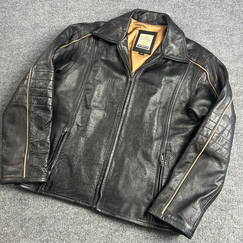 Stone Jacket Mens Large Black Leather Short Motorcycle Piped Zip Pockets Lined